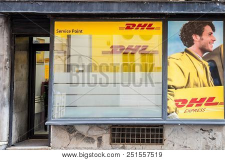Belgrade, Serbia - July 11, 2018:  Logo Of Dhl  On One Of Their Belgrade Service Points. Belonging T