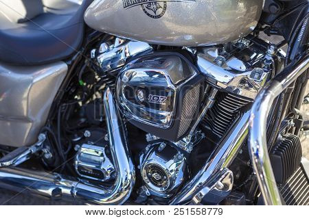 Tolyatti, Russia, May 09, 2018: Show Of Bikers Dedicated To Victory Day. Shiny Chrome Motorcycle Eng