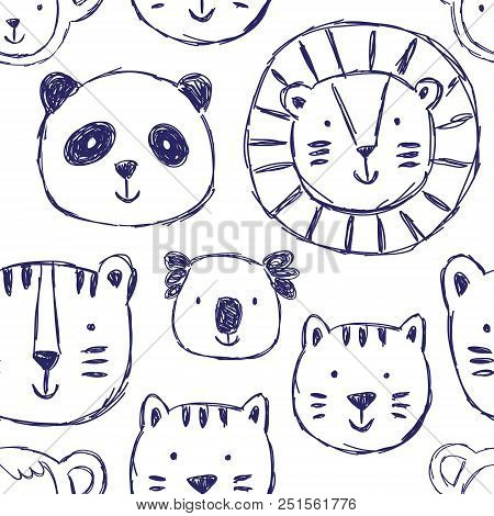 Seamless Childish Pattern With Cute Animals In Black And White Style. Creative Scandinavian Kids Tex
