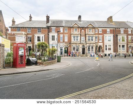 Southwold, Suffolk, Uk, July 2018 - Shops And Old Buildings In The High Street Of The Historic Seasi