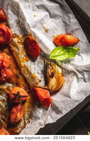 Roasted Cherry Tomotoes. Mediterranean Food Recipe Idea.