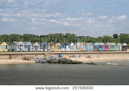 Southwold, Suffolk, Uk, July 2018 - View Of The Seafront And Beach Huts At Southwold, Suffolk Uk