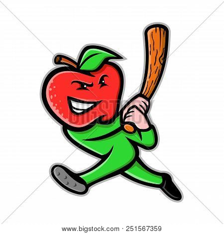 Mascot Icon Illustration Of An Apple, A Sweet, Edible Fruit Produced By Apple Trees,  As Baseball Pl