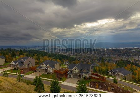 Happy Valley Oregon Homes In Suburban Neighborhood In Fall Season