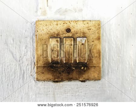 Dangerous Electricity Switch On Wall Background, Old Swithc