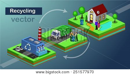 Garbage Collector Truck . 3d Vector Set. Isometric Track Collect Storage Vehicle, Garbage Cans. Mach