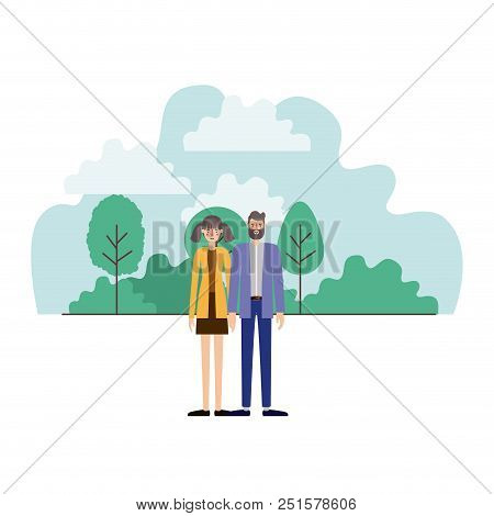 Young Couple Outside Scene Avatars Characters Vector Illustration Design