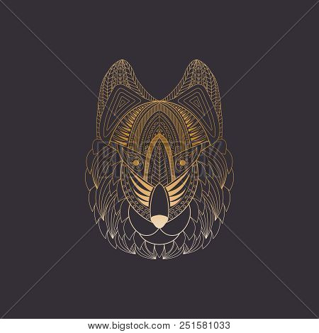 Vector Illustration Of Doodle Wolf Head. Gold Doodle Wolf Head For T-shirts Design, Tattoo, Coloring
