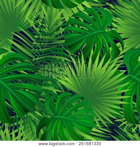 Green Tropic Repeat Texture. Summer Exotic Background. Tropical Palms Leaves, Monstera, . Vector Nat