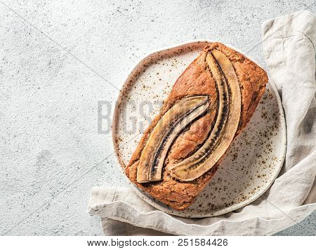 Butter-free, Sugar-free Banana Bread With Oat Flour, Soft Curd Cheese And Honey.top View Of Full Ban