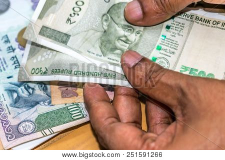 Selective Focus. Profit From Business. Texture And Background New 500 Indian Rupee Currency Ready Fo