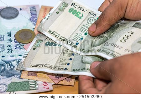 Selective Focus. Profit From Business. Texture And Background New 500 Indian Rupee Currency Ready Fo
