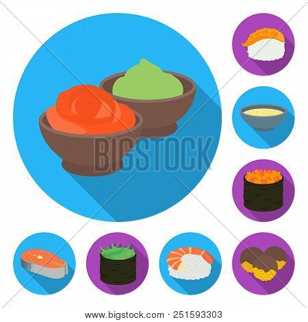Sushi And Seasoning Flat Icons In Set Collection For Design. Seafood Food, Accessory Vector Symbol S