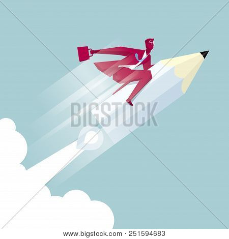 Businessman Riding A Pencil In Mid Air. The Background Is Blue.