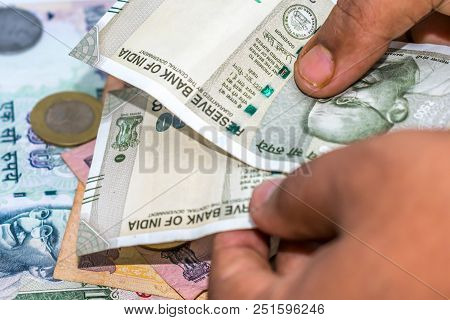 Selective Focus. Profit From Business. Texture And Background New 500 Indian Rupee Currency Ready Fo