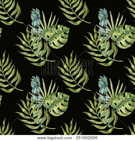 Seamless Pattern With Tropical Palm Leaves - Areca, Mostera, Eucalyptus, Colored Pencils, Raster Ill