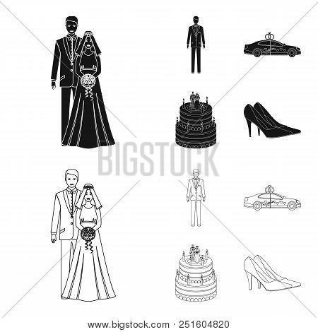 Wedding And Attributes Cartoon , Flat, Outline, Black Icons In Set Collection For Design.newlyweds A