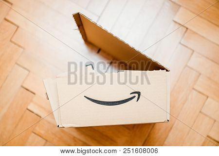 Paris, France - Feb 21, 2018: Open Large Amazon Prime Cardboard Box After Delivery After Unboxing Un