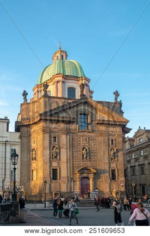Prague, Czech Republic - April 4, 2018 : Tourists Walking Near The Monument To Charles Iv, Holy Roma