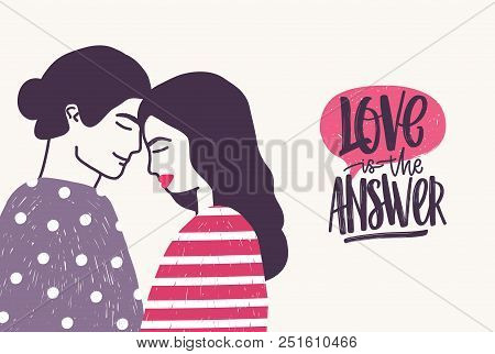 Romantic Couple On Date And Love Is The Answer Phrase Written With Cursive Font. Hugging Boyfriend A