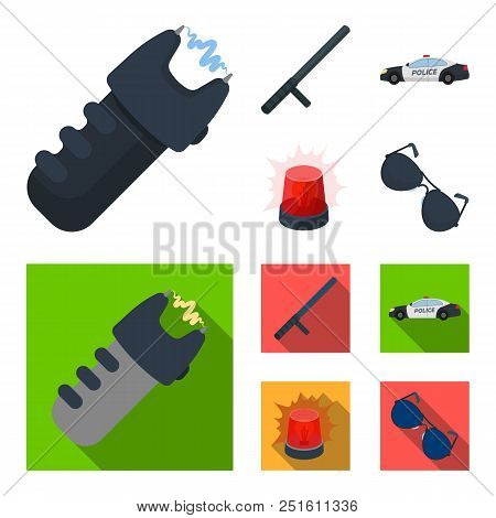 Police Baton, Auto, Flasher, Glasses.police Set Collection Icons In Cartoon, Flat Style Vector Symbo