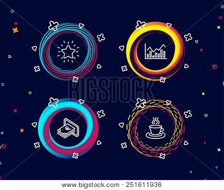 Set Of Infochart, Cash And Rank Star Icons. Tea Cup Sign. Stock Exchange, Atm Payment, Best Result. 