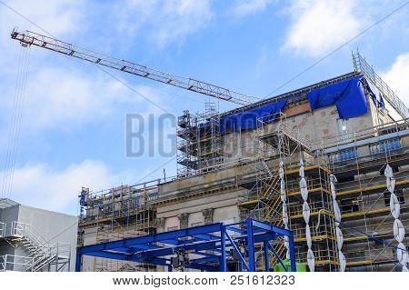Scaffolding Near The Building During The Restoration.