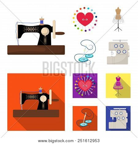 Needle And Thread, Sewing Machine, Pincushion, Dummy For Clothing. Sewing And Equipment Set Collecti