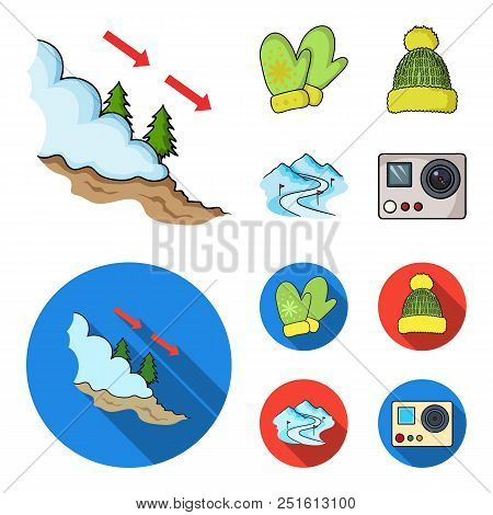 Mittens, Warm Hat, Ski Piste, Motion Camera. Ski Resort Set Collection Icons In Cartoon, Flat Style 
