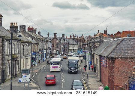 Berwick-upon-tweed, England - April 2018: High Street In Town Center Of Berwick-upon-tweed, Northern