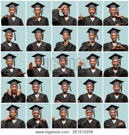 Young african american man wearing graduation cap very happy doing gesture with face and hands. Composition.
