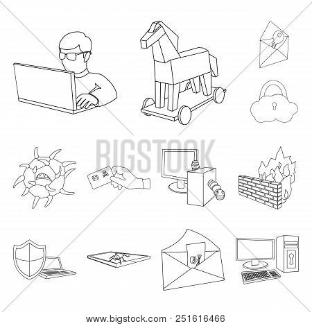 Hacker And Hacking Outline Icons In Set Collection For Design. Hacker And Equipment Vector Symbol St