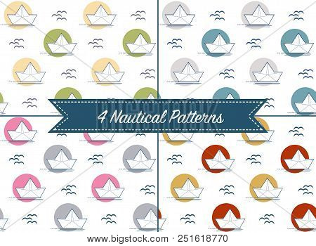 Set Of Four Patterns With Origami Paper Boats Or Ships In Differ