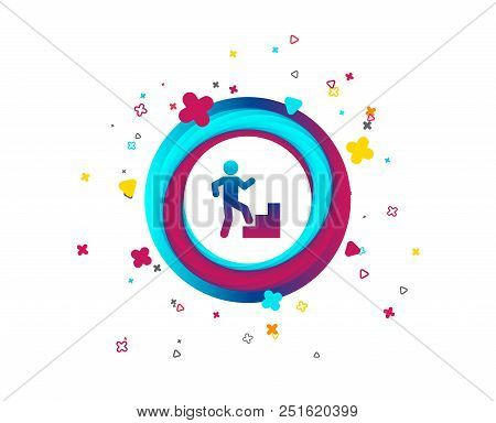 Upstairs Icon. Human Walking On Ladder Sign. Colorful Button With Icon. Geometric Elements. Vector