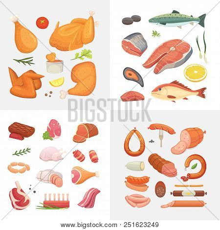 Different Kind Of Meat Food Icons Set Vector. Raw Ham, Set Grill Chiken, Piece Of Pork, Meatloaf, Wh