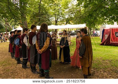 Ploiesti, Romania - July 14, 2018: Dressed Up Ladies And Knights Reproduce Old Medieval Dance In Out