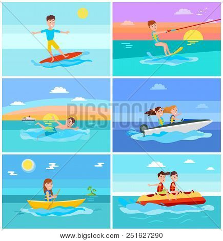 Summertime Activities Set With Seascape, Surfer And Kitesurfing, Swimming And Boating, Banana Boat I