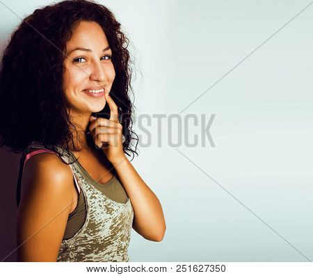 Young Pretty Taned Girl Close Up Portrait Smiling Confident Brunette Warm, Lifestyle People Concept 