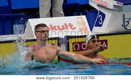 Budapest, Hungary - Jul 25, 2017. Competitive Swimmer Peaty Adam (gbr) And Lima Felipe (bra) Swimmin