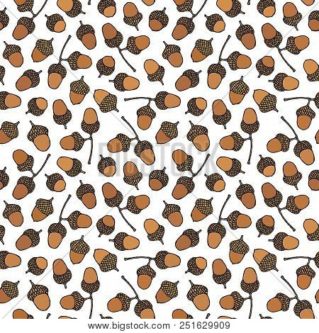 Seamless Endless Pattern Of Brown Acorns. Autumn Or Fall Vegetable Harvest Collection. Realistic Han