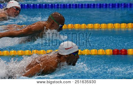 Budapest, Hungary - Jul 25, 2017. Competitive Swimmer Cseh Laszlo (hun) And Le Clos Chad (rsa) Swimm