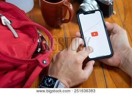 Chiangmai,thailand 9 July 2018 : A Man Showing Screen Shot Of Youtube On New Iphone X. Youtube App O