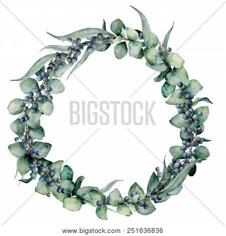 Watercolor Floral Wreath With Different Eucalyptus Leaves And Berries. Hand Painted Wreath With Baby