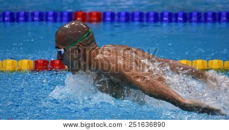 Budapest, Hungary - Jul 25, 2017. Competitive Swimmer Cseh Laszlo (hun) Swimming Butterfly. Fina Swi