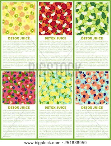 Detox Juice Poster Set Ingredients Refreshing Drink Citrus Fruits, Green Kiwi, Cut Beet Slices, Carr