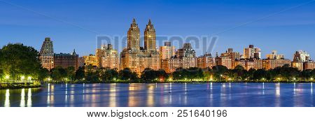 Panoramic View Of Central Park West At Dawn And The Jacqueline Kennedy Onassis Reservoir. Upper West