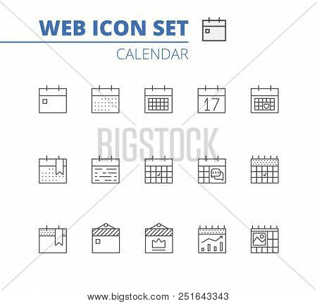 Calendar Icons Vector Set. Time And Seasons Simple Contour Line Style Signs. Vector Symbols Of Diary
