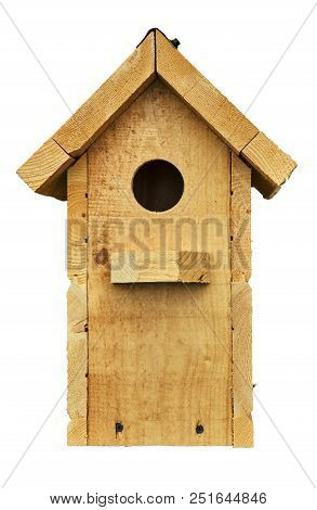 Wooden Handmade Birdhouse Isolated On White Background