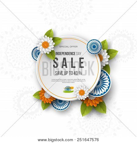Indian Independence Day Sale Round Banner. 3d Wheels With Flowers In Traditional Tricolor Of Indian 