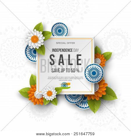 Indian Independence Day Sale Banner. 3d Wheels With Flowers In Traditional Tricolor Of Indian Flag. 
